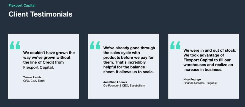 Flexport Capital client testimonial cards from Cozy Earth, Baseballism, and Plugable executives