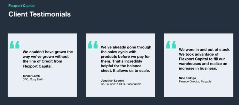 Flexport Capital client testimonial cards from Cozy Earth, Baseballism, and Plugable executives