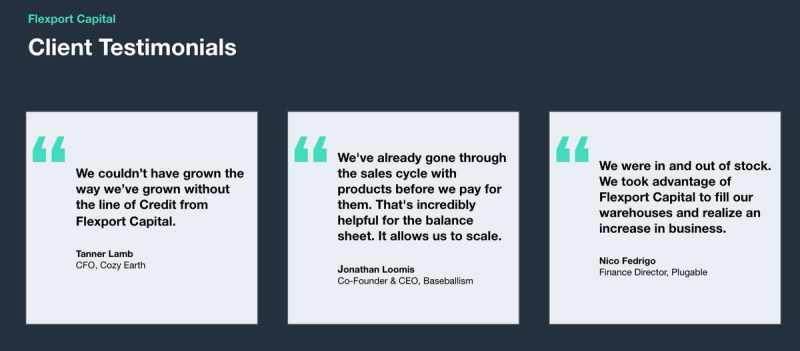 Flexport Capital client testimonial cards from Cozy Earth, Baseballism, and Plugable executives