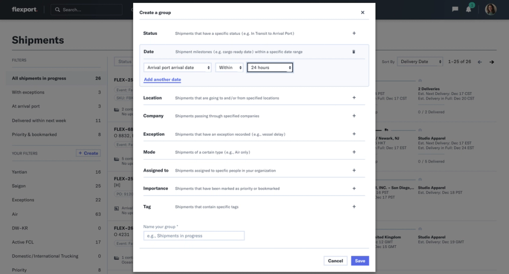 Flexport Shipments dashboard with a 'Create a group' modal listing filters like status and date
