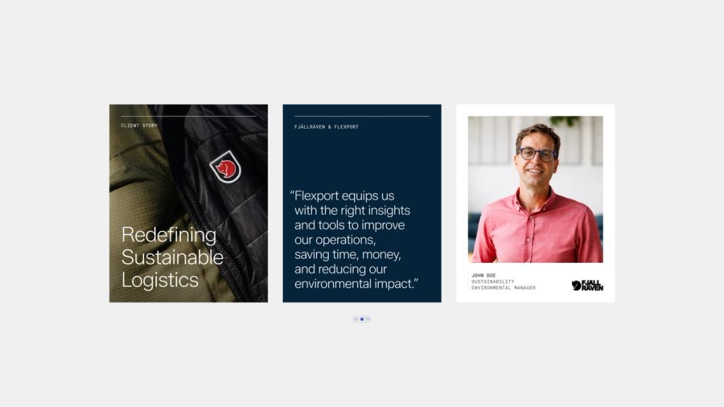 Carousel showcasing Flexport logistics services and customer testimonial from a company executive.