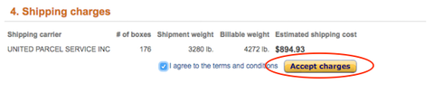 Amazon shipping charges step showing UPS carrier, 176 boxes, billable weight and $894.93 estimated cost with the Accept charges button circled