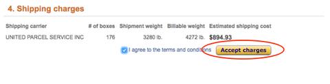 Amazon shipping charges step showing UPS carrier, 176 boxes, billable weight and $894.93 estimated cost with the Accept charges button circled