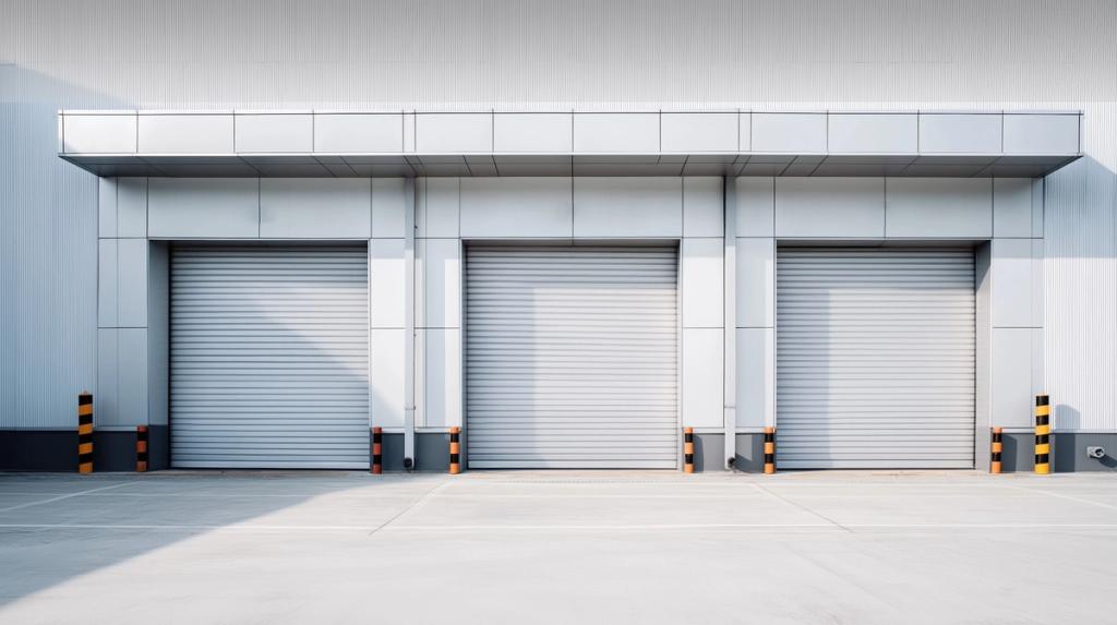 Industrial warehouse facade with three closed metal roll-up doors on a concrete loading area.