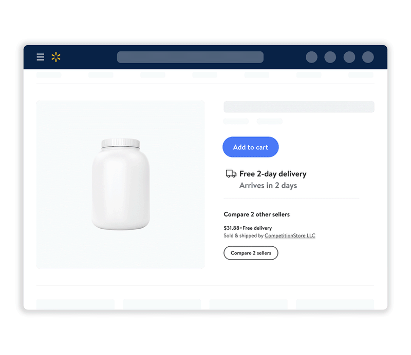 Walmart product page mockup for protein powder showing Add to cart and Free 2-day delivery arriving in 2 days