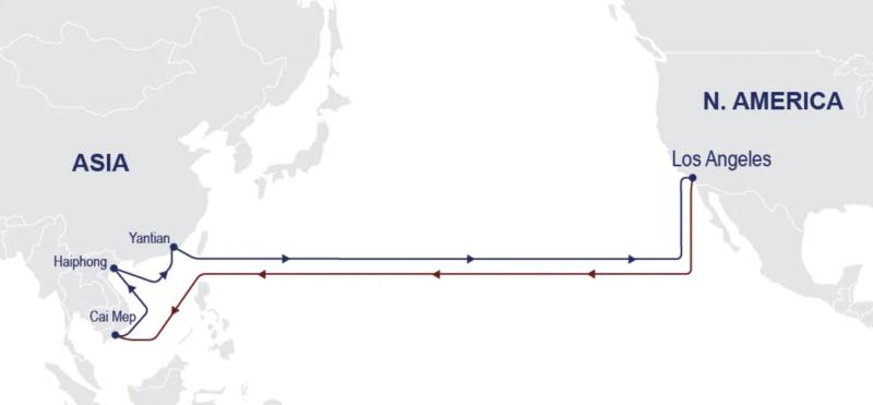 Map showing trans-Pacific shipping route between Asian ports Yantian, Haiphong, Cai Mep and Los Angeles