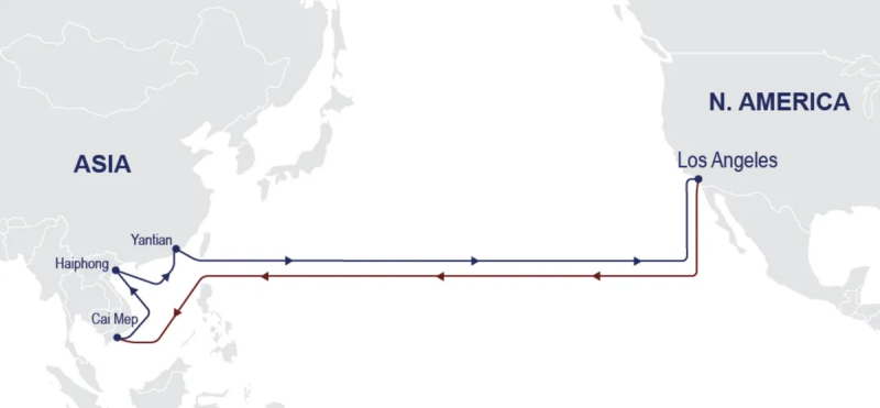 Map showing trans-Pacific shipping route between Asian ports Yantian, Haiphong, Cai Mep and Los Angeles