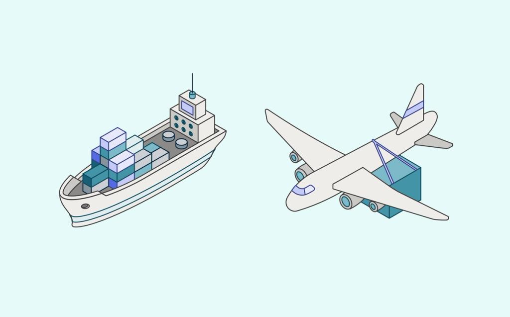 Isometric line illustration of a container ship and a cargo plane carrying freight