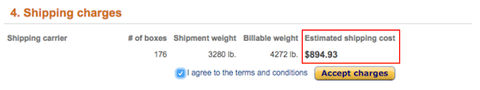 Amazon Shipping charges summary showing 176 boxes, weights, and an estimated shipping cost of $894.93 highlighted in red before Accept charges.