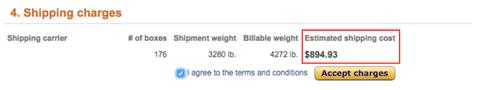 Amazon Shipping charges summary showing 176 boxes, weights, and an estimated shipping cost of $894.93 highlighted in red before Accept charges.