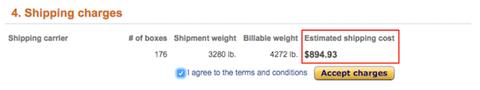 Amazon Shipping charges summary showing 176 boxes, weights, and an estimated shipping cost of $894.93 highlighted in red before Accept charges.