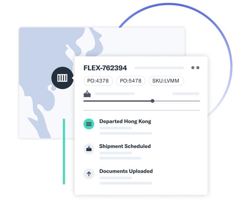 Flexport Platform shipment tracking card showing milestones from departed Hong Kong on a route map