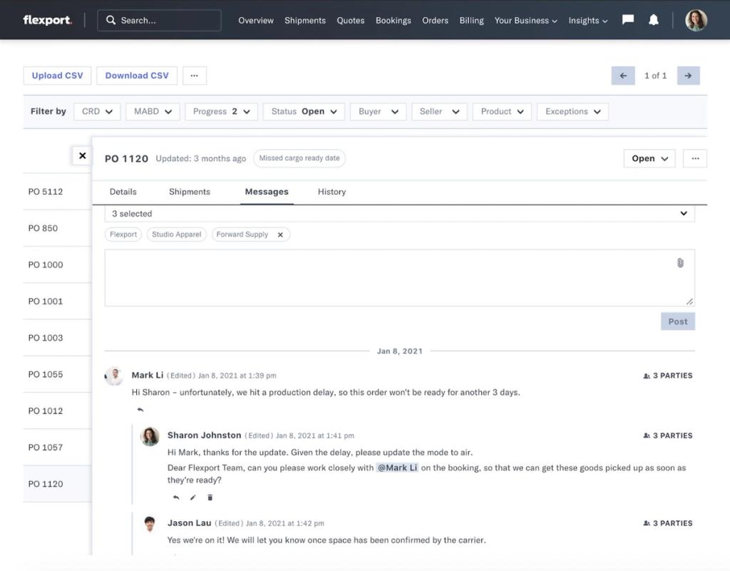 Flexport order management interface showing PO 1120 message thread about a missed cargo ready date.