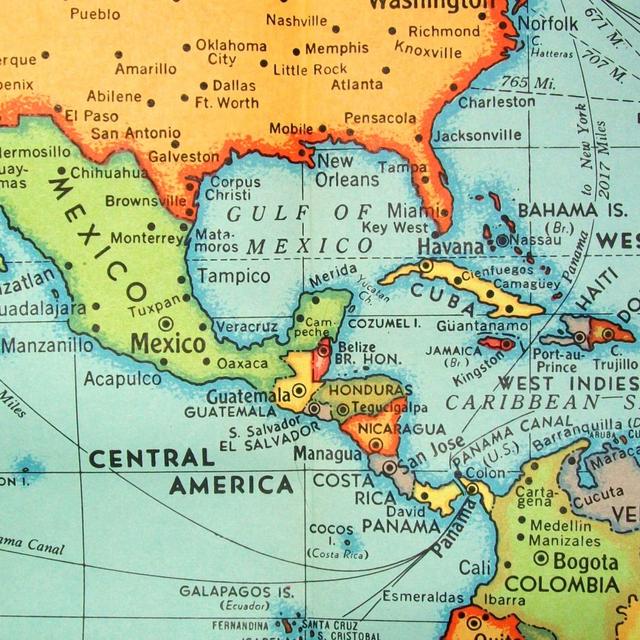 Vintage atlas map of Central America and the Caribbean showing Mexico, Panama Canal, Cuba and surrounding seas