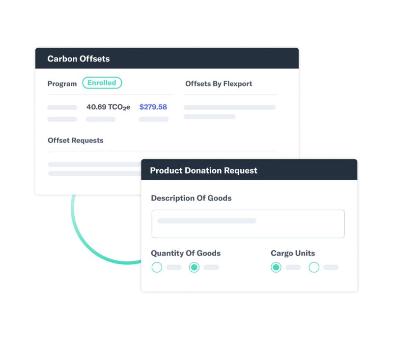 Flexport Carbon Offsets UI showing enrolled program emissions and a Product Donation Request form