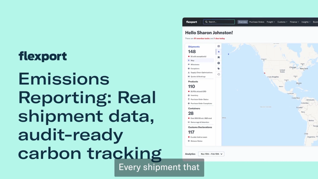 Flexport emissions reporting dashboard titled real shipment data, audit-ready carbon tracking