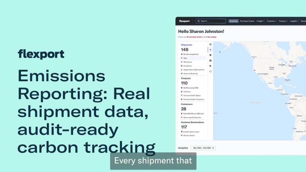 Flexport emissions reporting dashboard titled real shipment data, audit-ready carbon tracking