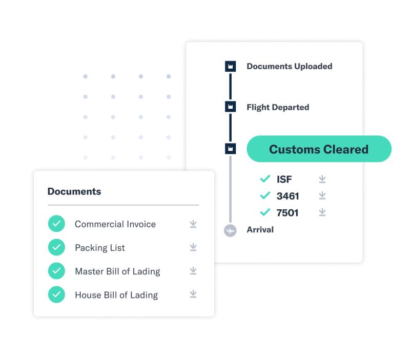 UI illustration of a customs clearance card with a documents checklist and a Customs Cleared status