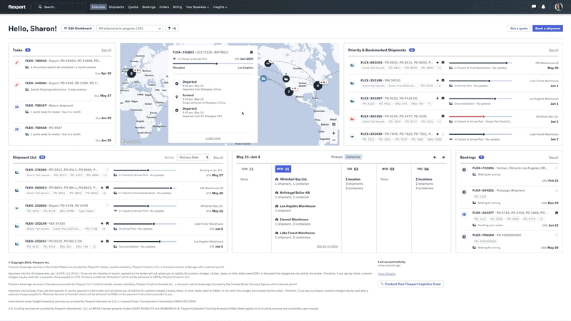 Flexport platform dashboard showing tasks, a shipment map, priority shipments and a booking list