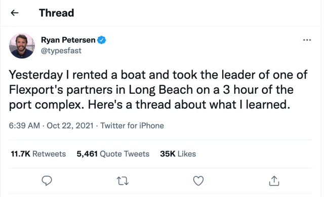 Tweet by Ryan Petersen about renting a boat to tour the Long Beach port complex, Oct 22 2021