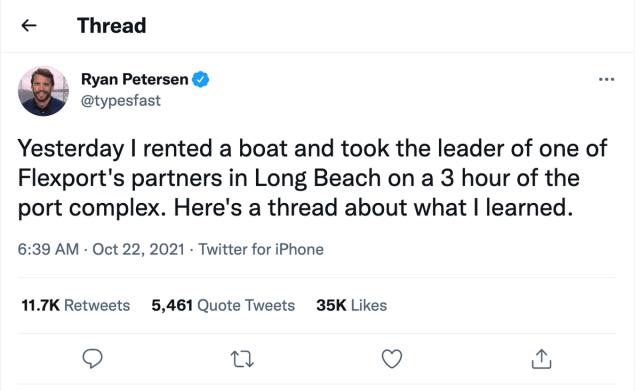 Tweet by Ryan Petersen about renting a boat to tour the Long Beach port complex, Oct 22 2021