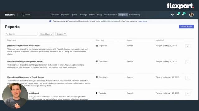 Flexport platform Reports dashboard listing shipment and container status reports