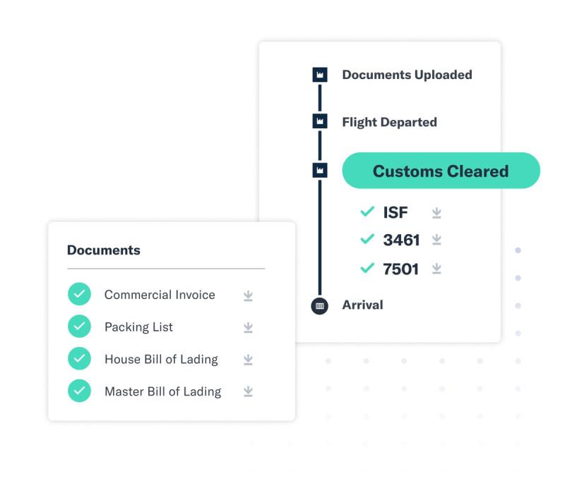 Flexport Platform documents panel with a customs-cleared milestone and completed shipping documents