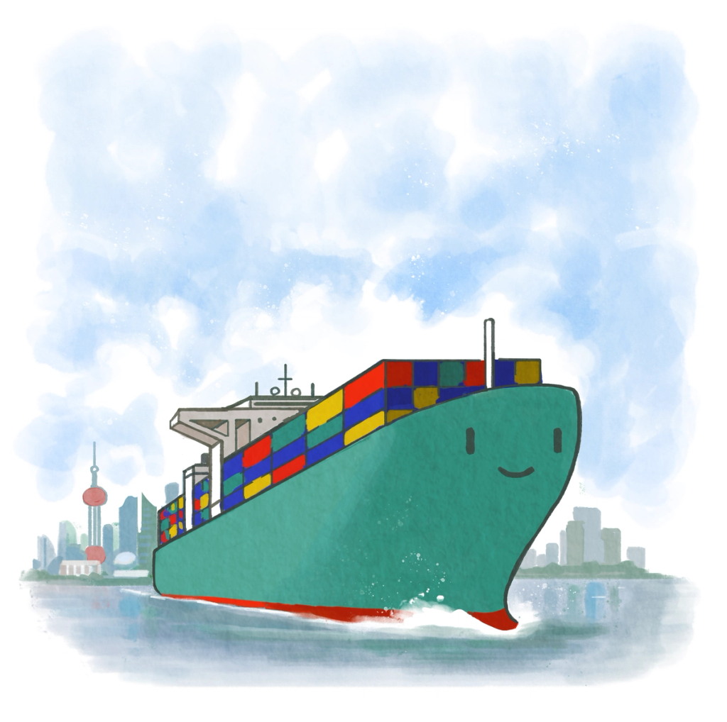 Cartoon illustration of a smiling green container ship sailing past a city skyline