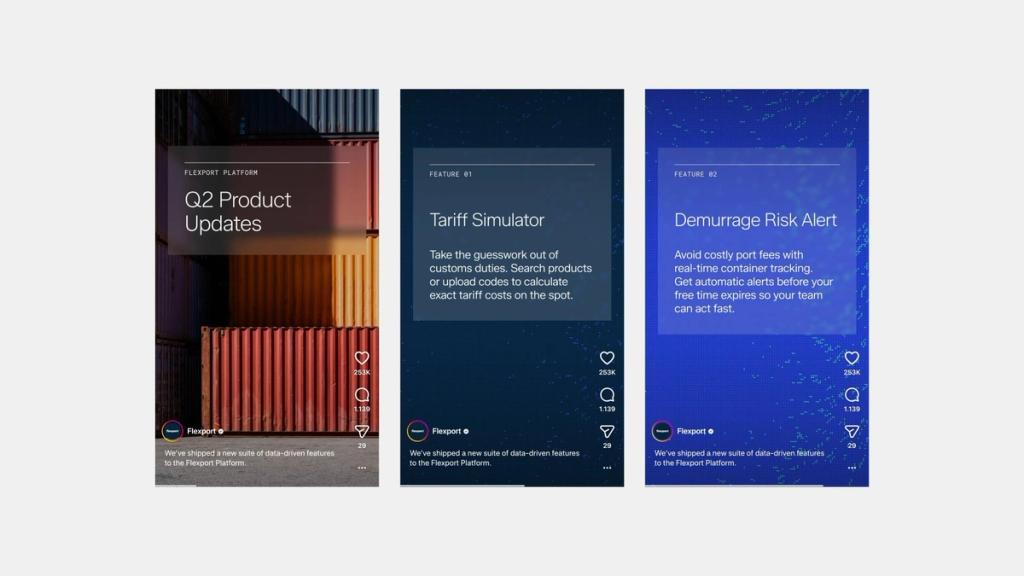 Three feature cards display Q2 Product Updates, Tariff Simulator, and Demurrage Risk Alert product offerings from Flexport.