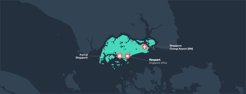 Dark map of Singapore highlighting the Port of Singapore, Changi Airport and Flexport's office