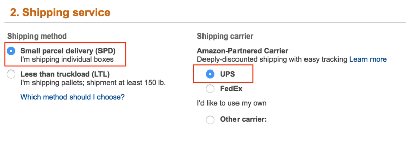 Amazon shipping service step with Small parcel delivery (SPD) and UPS Amazon-Partnered Carrier options highlighted in red