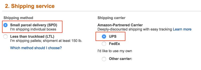 Amazon shipping service step with Small parcel delivery (SPD) and UPS Amazon-Partnered Carrier options highlighted in red