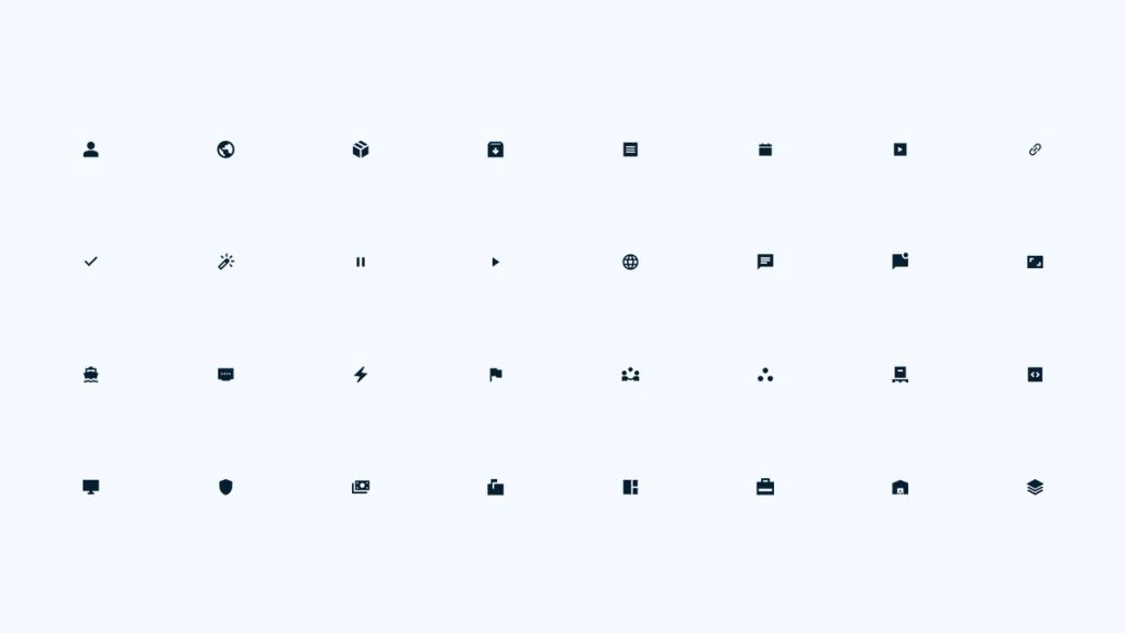 Grid of icons representing various features including account, notifications, media, settings, and communication tools.