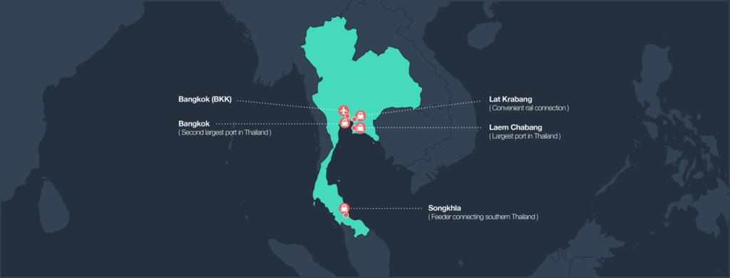 Map of Thailand marking ports and airport: Bangkok (BKK), Bangkok, Lat Krabang, Laem Chabang and Songkhla