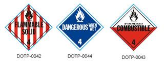 Three Class 4 hazard placards: Flammable Solid, Dangerous When Wet, and Spontaneously Combustible, with DOTP label codes
