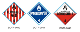 Three Class 4 hazard placards: Flammable Solid, Dangerous When Wet, and Spontaneously Combustible, with DOTP label codes