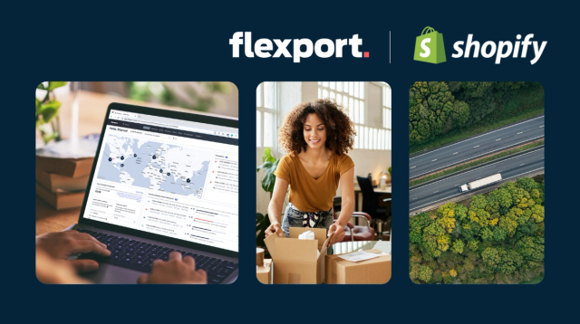 Flexport and Shopify logos above three photos: dashboard map, woman packing boxes, aerial highway