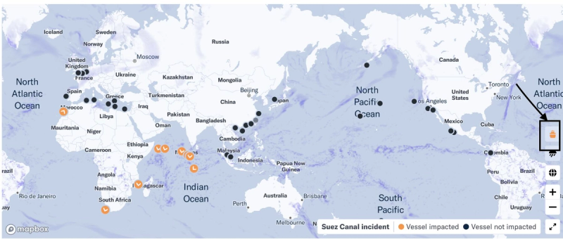 World map marking a Suez Canal incident and vessels impacted versus not impacted