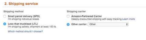 Amazon Seller Central Shipping service step with Less than truckload (LTL) shipping method and Other carrier selected.