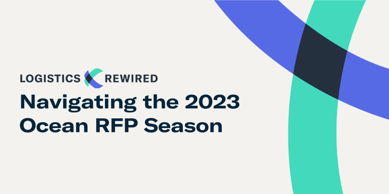 Logistics Rewired branded title card on cream background with blue and teal arcs: "Navigating the 2023 Ocean RFP Season"