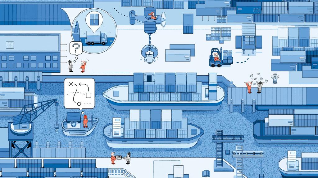 Blue-toned illustration of a busy shipping port with cargo ships, containers, cranes, trucks and dock workers