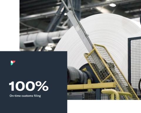 A paper-mill production line with a '100% on-time customs filing' stat card overlaid