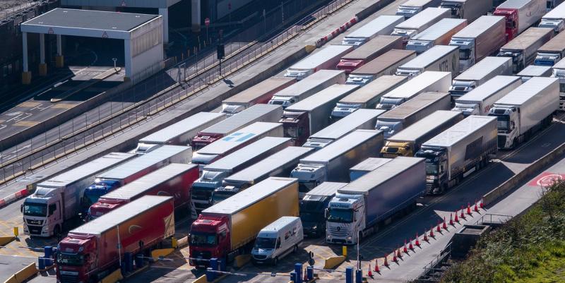 Rows of freight trucks queued at a port terminal awaiting customs and ferry crossing
