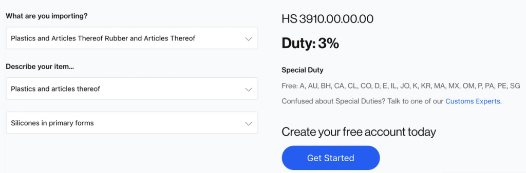 Flexport duty calculator showing HS 3910.00.00.00 with 3% duty, special duty free countries and a Get Started button