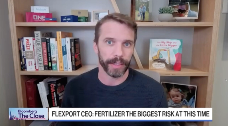 Bloomberg The Close TV interview still: bearded man before a bookshelf, chyron reads Flexport CEO: Fertilizer the biggest risk at this time