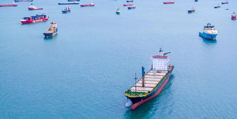 Aerial view of cargo vessels and container ships anchored across open blue water awaiting port entry