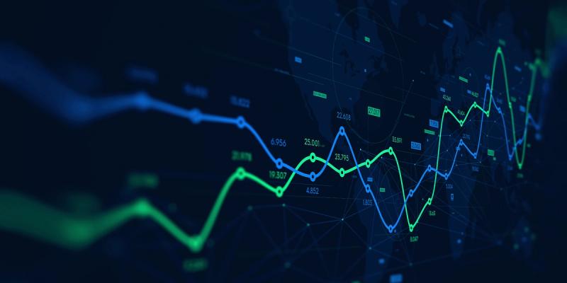 Abstract dark blue dashboard with blue and green data lines and numbers over a faint world map