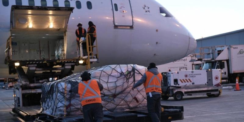 Workers in orange Cargo vests load a netted pallet of freight into an Air Canada Cargo aircraft at dusk