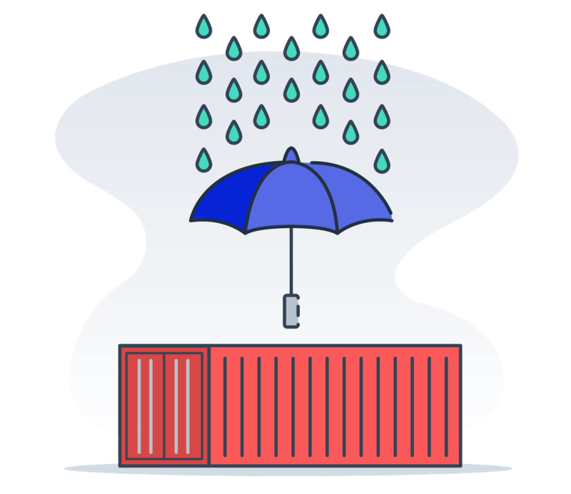 Illustration of a blue umbrella shielding a red shipping container from rain, representing cargo insurance