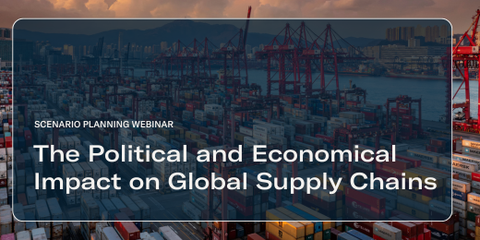 Aerial dusk view of a container port with cranes; title 'The Political and Economical Impact on Global Supply Chains', Scenario Planning Webinar label